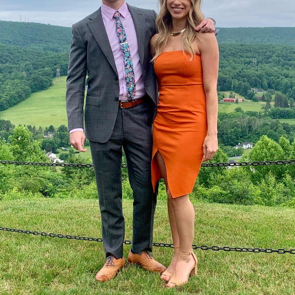 Burnt Orange Strapless Bodycon Dress great for weddings